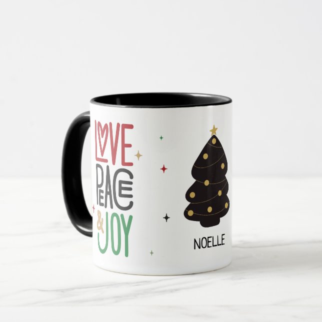 Taza El amor, la paz y el árbol navideño de alegría (Anverso izquierdo)
