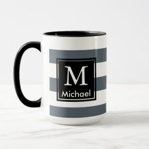 Taza El blanco grueso moderno raya el monograma de la