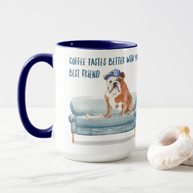 Taza El Café Sabe Mejor. Edición inglesa de Bulldog (Con donut)