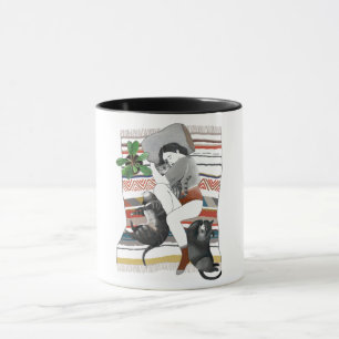 Taza  El chica está con tres gatos y una planta