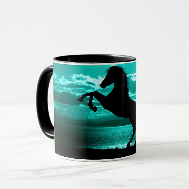 Taza El cielo Verde azulado del caballo negro y el agua (Anverso izquierdo)