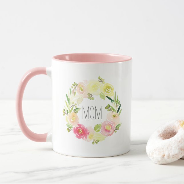 Taza El día de madre floral de la acuarela rosada y (Con donut)