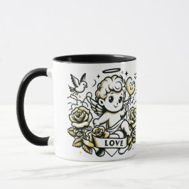 Taza El día de San Valentín cupido con rosas amarillas 