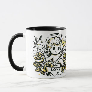 Taza El día de San Valentín cupido con rosas amarillas 
