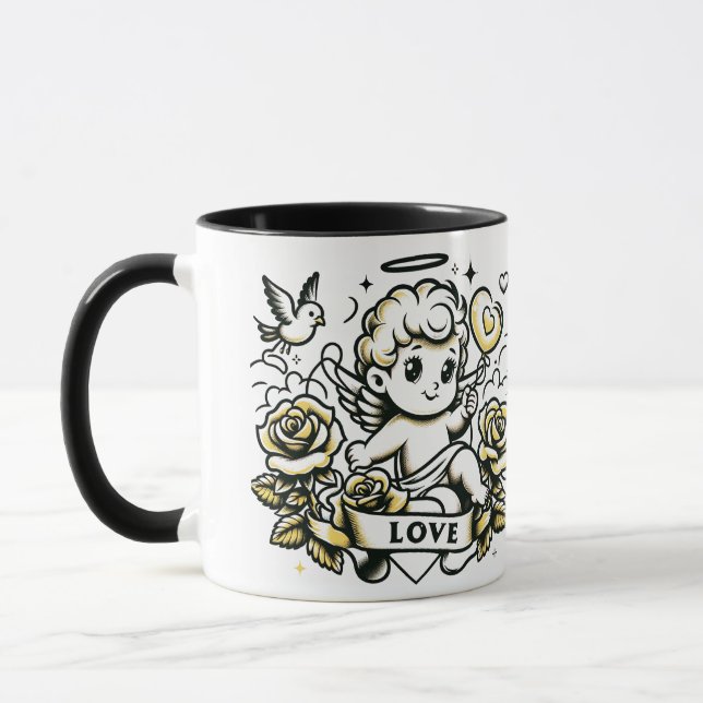 Taza El día de San Valentín cupido con rosas amarillas  (Izquierda)