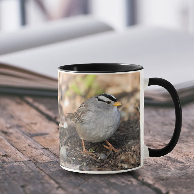 Taza El espantapájaros de corona blanca en el sol de in (Chubby White-Crowned Sparrow in the Winter Sun 11 oz Coffee Mug Cover Photo.)