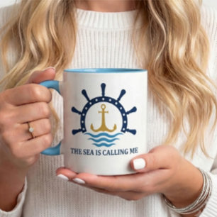 Taza "El mar me está llamando" Ancla náutica y barco