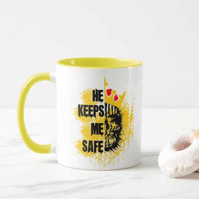 Taza Él me mantiene a salvo | Aniversario | Pareja (Con donut)