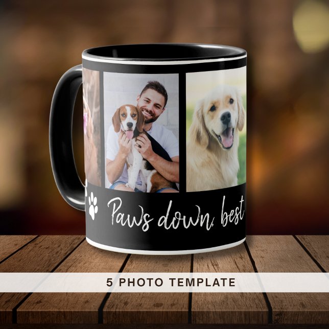 Taza El mejor perro papá 5 Collage de fotos negro (Paws Down Best Dog Dad 5 Photo Collage Black Mug)