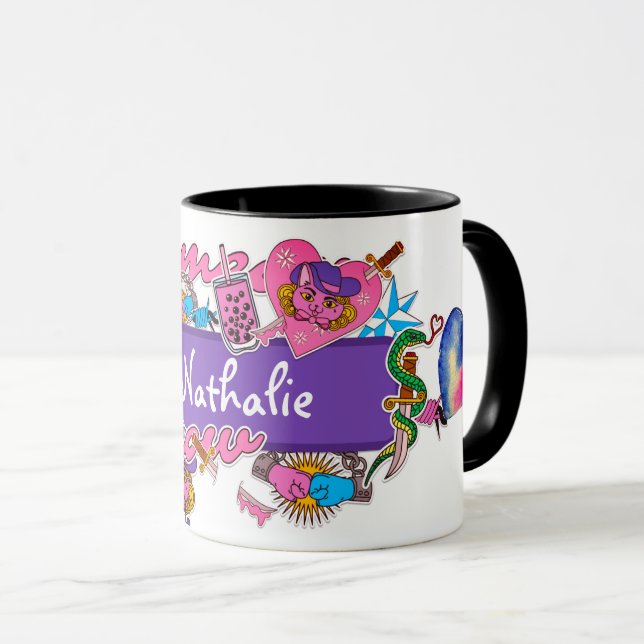 Taza El pegatina de bar divertido rosa y morado  (Anverso derecho)