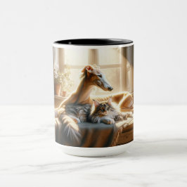 Taza El perro y el gato se abrazan.