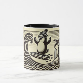 Taza El pingüino blanco negro atrapa una ola