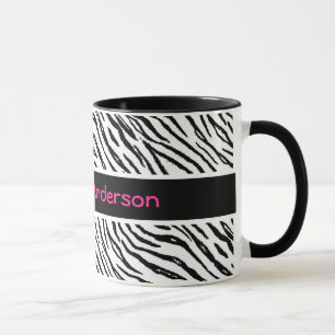 Taza El tigre blanco y negro de moda raya nombre rosado