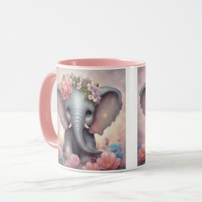 Taza Elefante bebé adorable con flores (Anverso izquierdo)