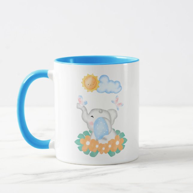 Taza Elefante bebé lindo con flores naranjas (Izquierda)