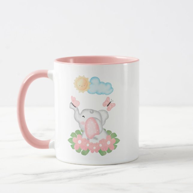 Taza Elefante bebé lindo con flores rosas (Izquierda)