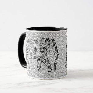 Taza elefante de remolino fractal - gris, negro y blanc
