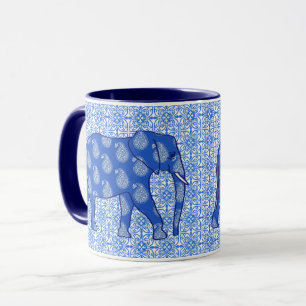 Taza elefante paisley - azul cobalto y blanco
