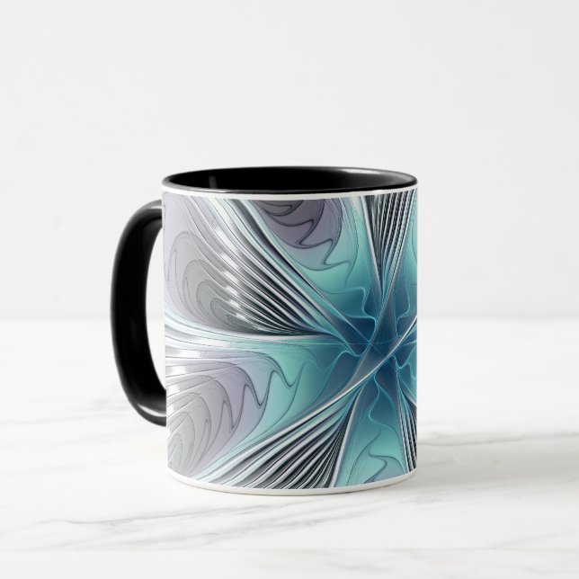 Taza Elegancia Flor de Arte Fractal Blanco Gris Azul (Anverso izquierdo)