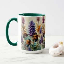 Taza Elegancia verde azulada y Naranja | Abejas con flo