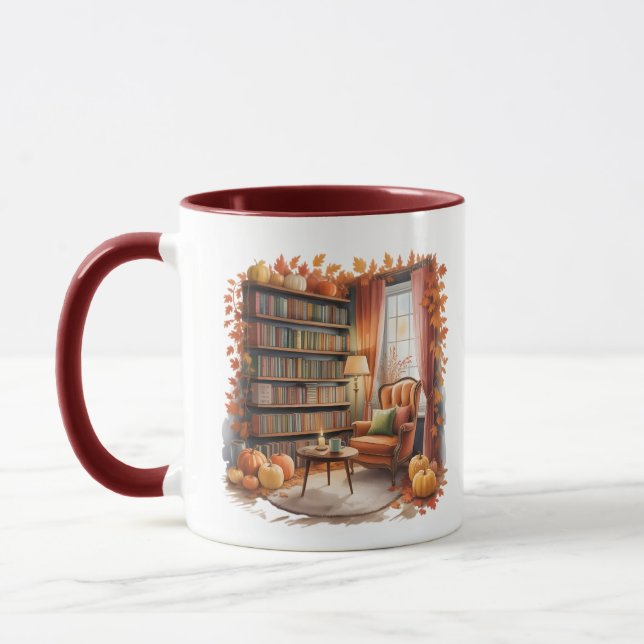 Taza Elegant Fall Bookshelf Mug — Cozy Curtain (Izquierda)
