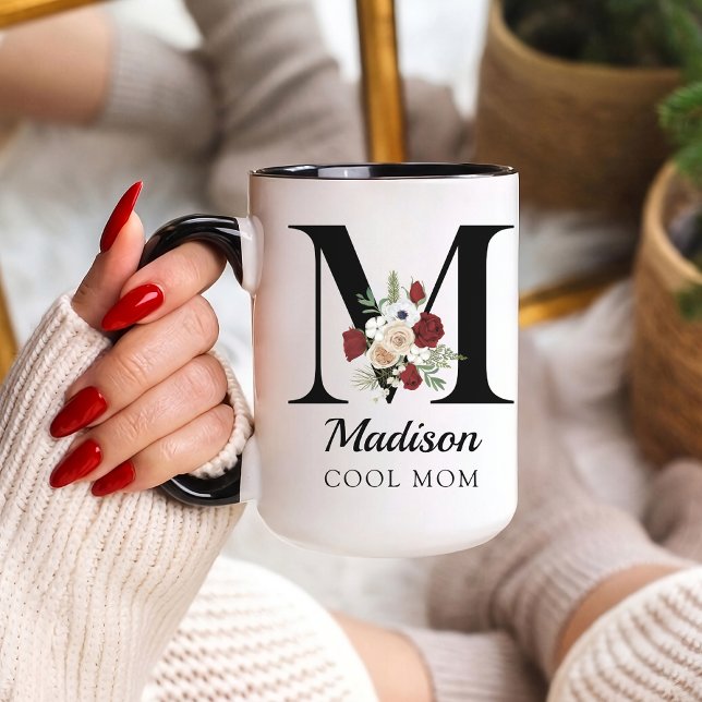Taza Elegant Floral Initial Custom Mug Gift for Mama (Personalized Monogram Floral Alphabet Mug for Mom, Grandma, Teacher, Nurse, Lawyer or Bridesmaid)