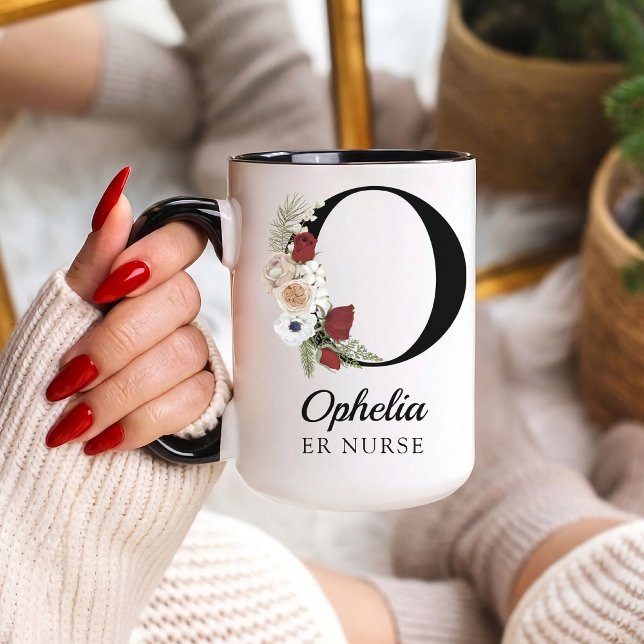 Taza Elegant Floral Initial Custom Mug Gift for Nurses (Personalized Monogram Floral Alphabet Mug for Mom, Grandma, Teacher, Nurse, Lawyer or Bridesmaid)