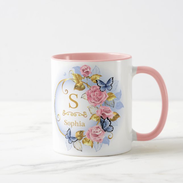 Taza Elegant Initial Floral Butterfly Monogram and Name (Derecha)