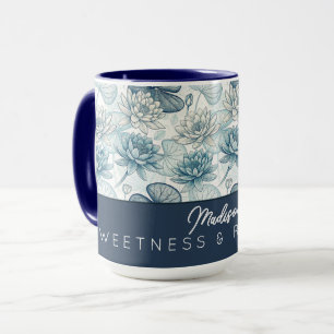 Taza Elegant Monogram Blue Water Lily and Lotus