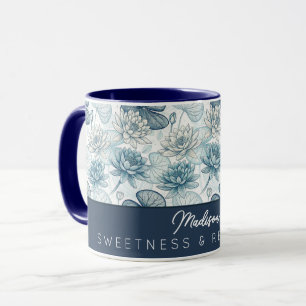 Taza Elegant Monogram Blue Water Lily and Lotus