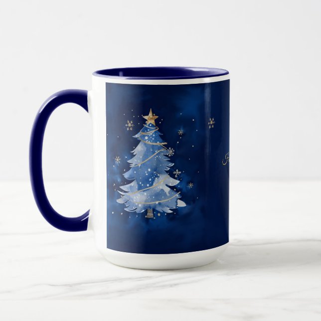 Taza Elegant Navy and Gold Christmas Tree Personalized  (Izquierda)
