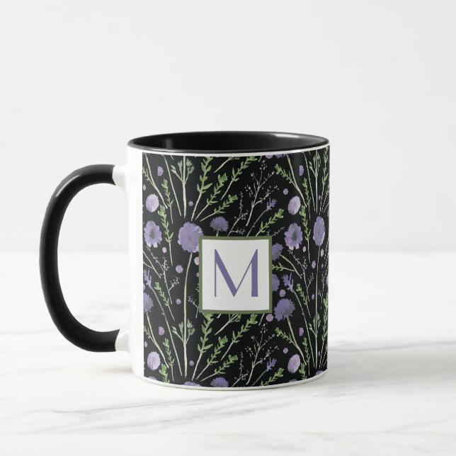 Taza Elegante acuarela Flores púrpura Monograma (Izquierda)