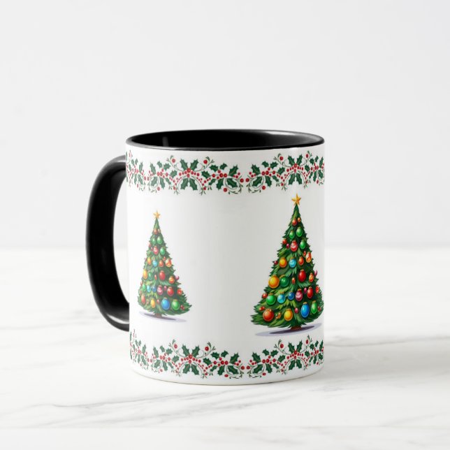 Taza Elegante árbol de Navidad festivo Holly Rustic (Anverso izquierdo)