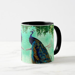 Taza Elegante arte de pavo real vintage