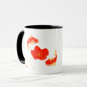 Taza Elegante arte de peces Koi y flor roja Estilo Ja