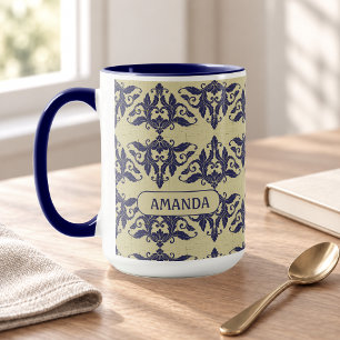 Taza Elegante Azul Marino Amarillo Damasco Vintage Mono
