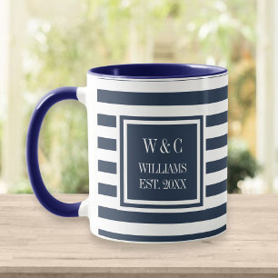 Taza Elegante azul marino blanco franja monograma nombr
