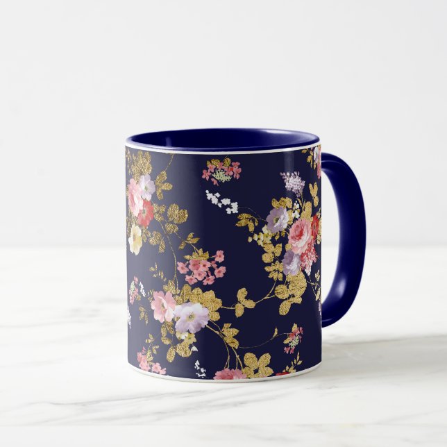 Taza Elegante azul marino dorado rosa boho floral (Anverso derecho)