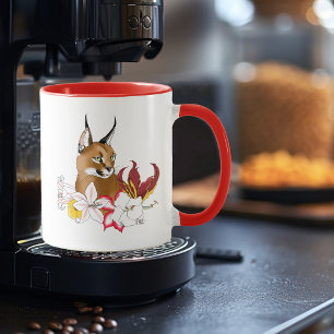 Taza Elegante Caracal Gato Salvaje Lirios Floral Verde