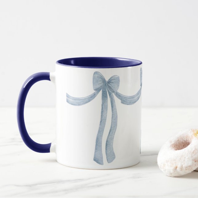 Taza Elegante Cinta Azul Aspecto satinado Bonito Girly  (Con donut)