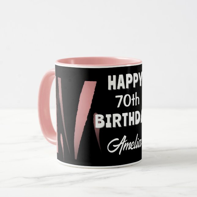 Taza Elegante color rosa negro 70 cumpleaños feliz (Anverso izquierdo)