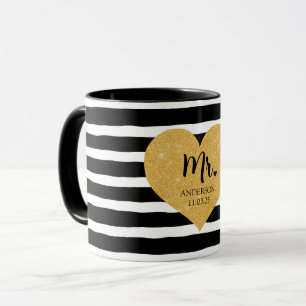 Taza Elegante Corazón Dorado Las Rayas Negras Se Casan