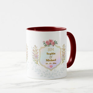 Taza Elegante Cresta Floral con Monograma de Iniciales 