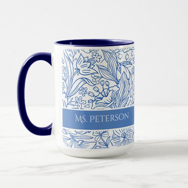 Taza Elegante Floral Azul Personalizado (Izquierda)
