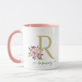 Taza Elegante Floral Gold Rosa TU Monograma Nombre    