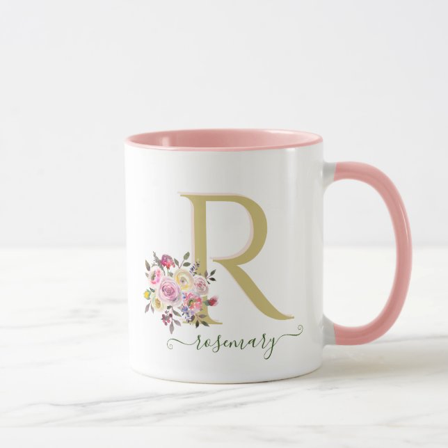Taza Elegante Floral Gold Rosa TU Monograma Nombre     (Derecha)