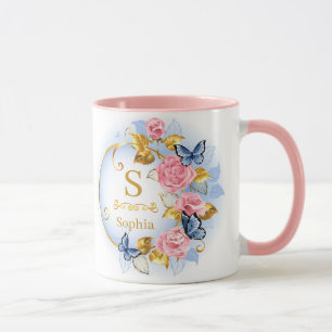 Taza Elegante Floral Mariposa Monograma Inicial y Nombr