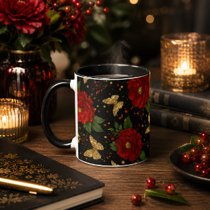 Taza Elegante Floral Rojo y Mariposa Dorada