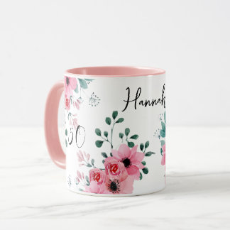 Taza Elegante Floral Rosa 50 cumpleaños nombre de dos t