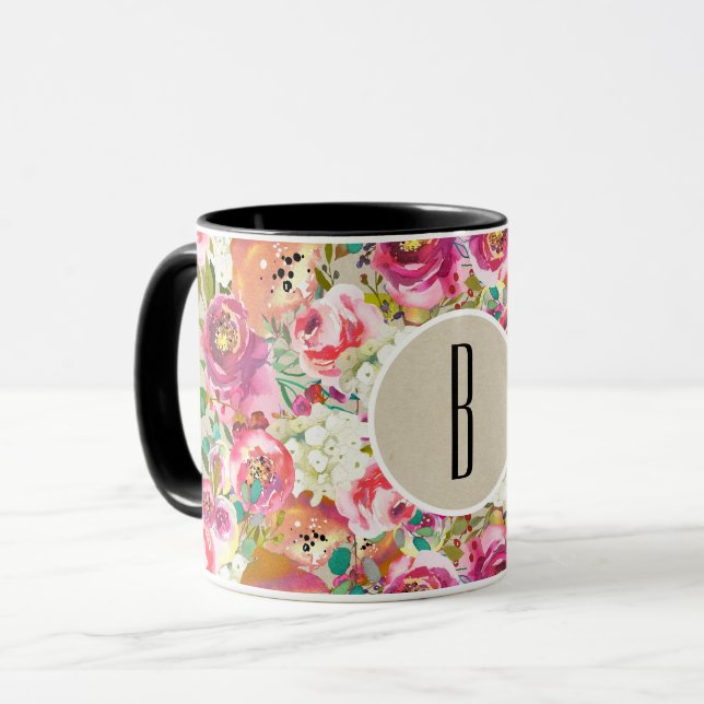 Taza Elegante Floral Rústico Chic Kraft Monograma Perso (Anverso izquierdo)